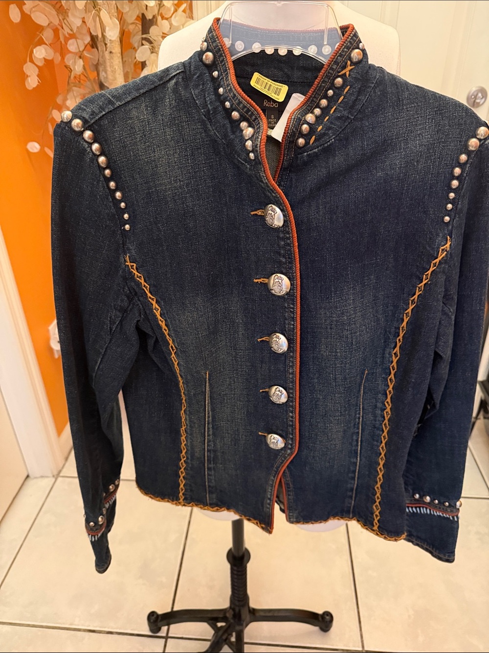 Reba Dark Blue Denim Jacket with Pearl Studs & Tan Trim